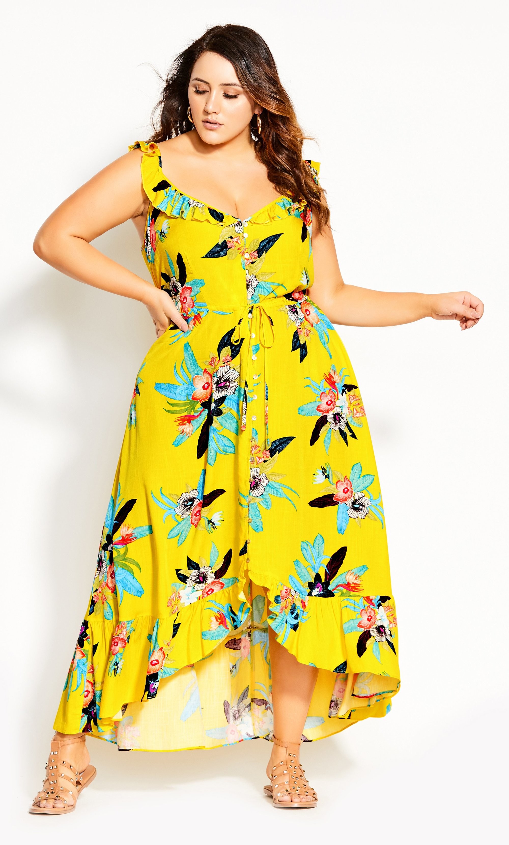 yellow frill maxi dress